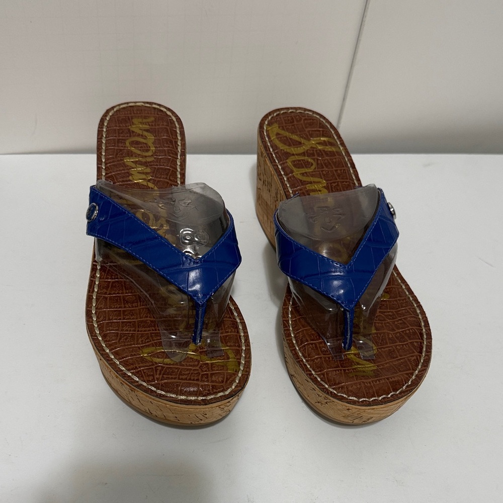 Romy Blue and Brown Wedge Sandals Sam EDELMAM